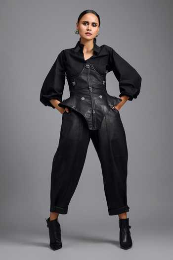 Buy_Deepika Arora_Black Cotton, Leather Stones, Crystals Structured Corset With Tapered Pant _Online_at_Aza_Fashions