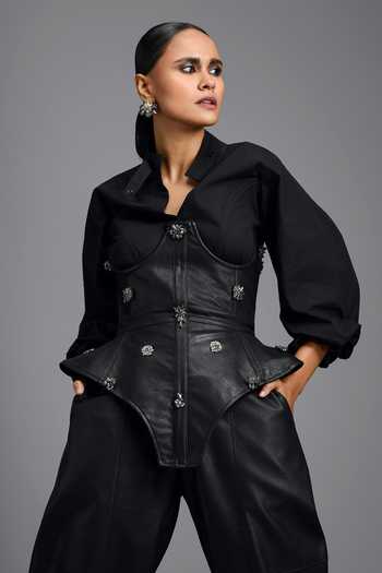 Shop_Deepika Arora_Black Cotton, Leather Stones, Crystals Sweetheart Shirt And Structured Corset Set _Online_at_Aza_Fashions