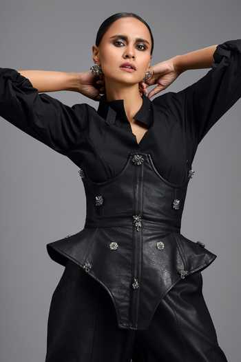 Deepika Arora_Black Cotton, Leather Stones, Crystals Sweetheart Shirt And Structured Corset Set _at_Aza_Fashions