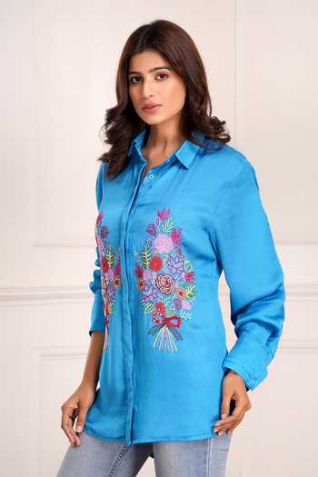 Buy_Sheeshakari_Blue Silk Collared Neck Bouquet Placement Embroidered Shirt _Online_at_Aza_Fashions