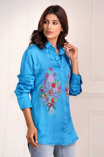 Shop_Sheeshakari_Blue Silk Collared Neck Bouquet Placement Embroidered Shirt _Online_at_Aza_Fashions