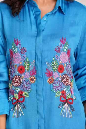 Sheeshakari_Blue Silk Collared Neck Bouquet Placement Embroidered Shirt _at_Aza_Fashions