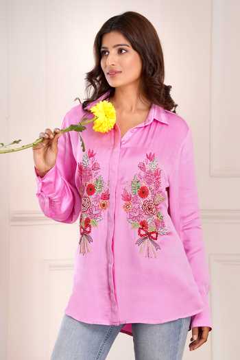 Sheeshakari_Pink Silk Collared Neck Bouquet Embroidered Shirt _Online_at_Aza_Fashions