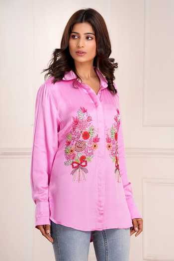 Buy_Sheeshakari_Pink Silk Collared Neck Bouquet Embroidered Shirt _Online_at_Aza_Fashions