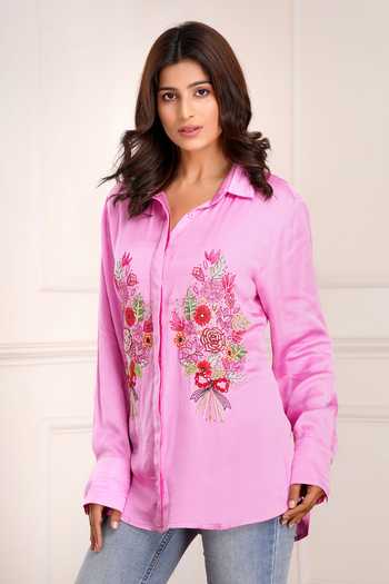 Shop_Sheeshakari_Pink Silk Collared Neck Bouquet Embroidered Shirt _Online_at_Aza_Fashions