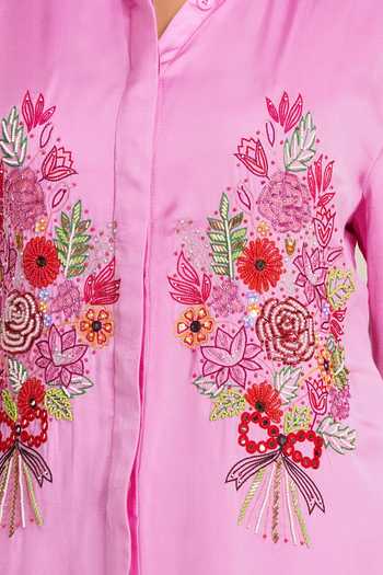 Sheeshakari_Pink Silk Collared Neck Bouquet Embroidered Shirt _at_Aza_Fashions