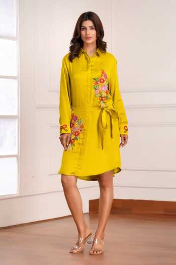 Buy_Sheeshakari_Yellow Silk Collared Neck Bouquet Embroidered Dress _Online_at_Aza_Fashions