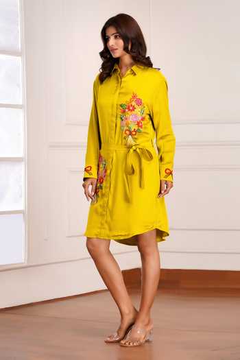 Shop_Sheeshakari_Yellow Silk Collared Neck Bouquet Embroidered Dress _Online_at_Aza_Fashions