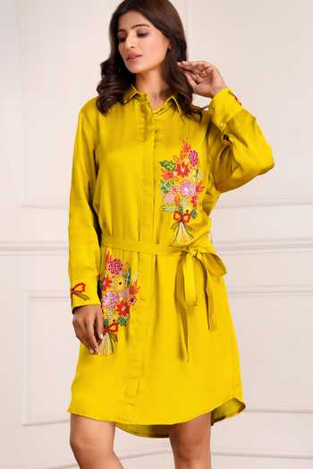 Buy_Sheeshakari_Yellow Silk Collared Neck Bouquet Embroidered Dress 