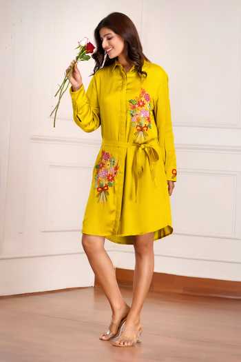 Shop_Sheeshakari_Yellow Silk Collared Neck Bouquet Embroidered Dress 