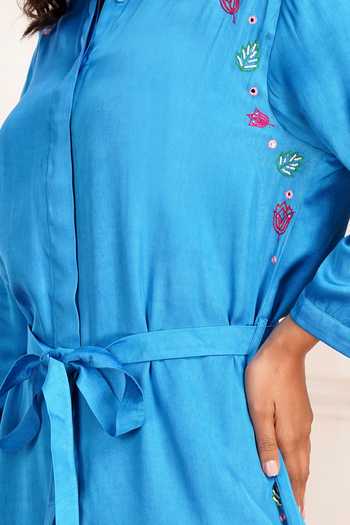 Sheeshakari_Blue Silk Collared Neck Placement Embroidered Dress _Online_at_Aza_Fashions