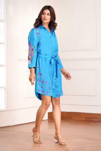 Buy_Sheeshakari_Blue Silk Collared Neck Placement Embroidered Dress _Online_at_Aza_Fashions