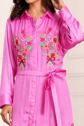 Sheeshakari_Pink Silk Collared Neck Embroidered Shirt Dress _at_Aza_Fashions