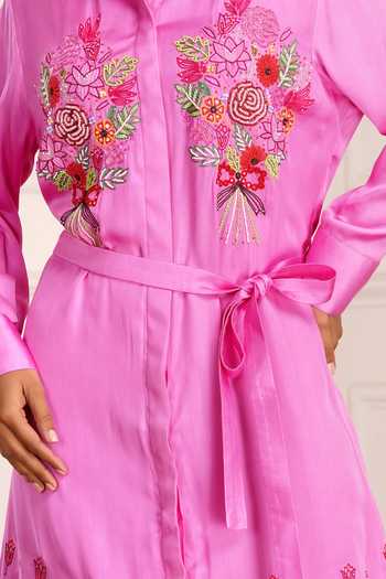 Buy_Sheeshakari_Pink Silk Collared Neck Embroidered Shirt Dress 