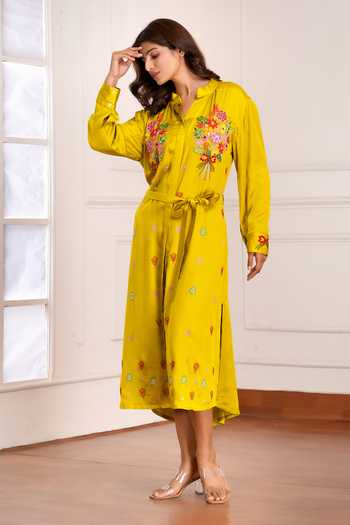 Sheeshakari_Yellow Silk Mandarin Collar Embroidered Midi Dress _Online_at_Aza_Fashions