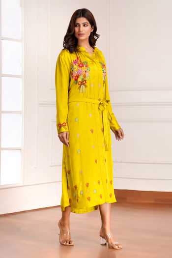 Buy_Sheeshakari_Yellow Silk Mandarin Collar Embroidered Midi Dress _Online_at_Aza_Fashions
