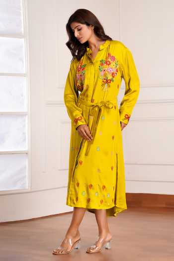 Shop_Sheeshakari_Yellow Silk Mandarin Collar Embroidered Midi Dress _Online_at_Aza_Fashions