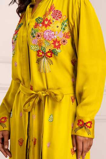 Sheeshakari_Yellow Silk Mandarin Collar Embroidered Midi Dress _at_Aza_Fashions