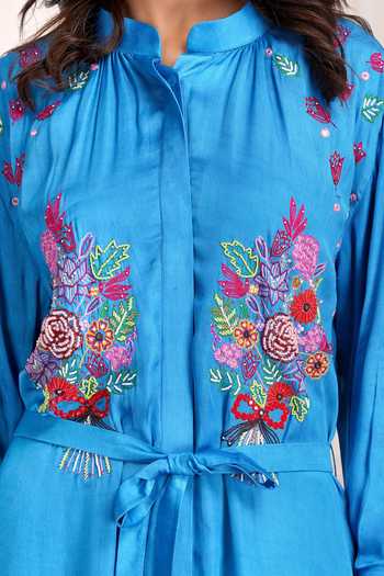 Sheeshakari_Blue Silk Mandarin Collar Embroidered Midi Dress _Online_at_Aza_Fashions