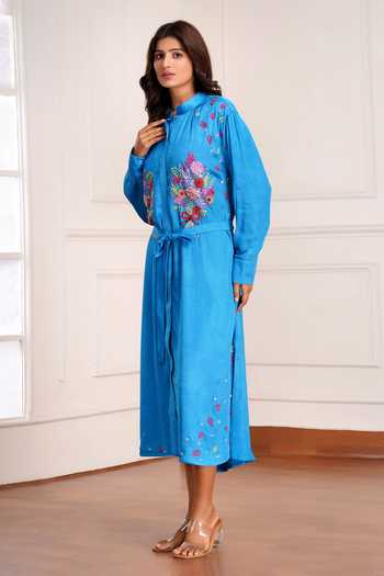 Buy_Sheeshakari_Blue Silk Mandarin Collar Embroidered Midi Dress _Online_at_Aza_Fashions