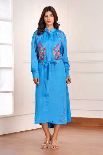 Shop_Sheeshakari_Blue Silk Mandarin Collar Embroidered Midi Dress _Online_at_Aza_Fashions