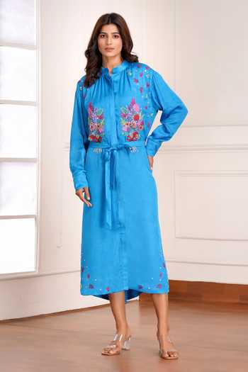 Sheeshakari_Blue Silk Mandarin Collar Embroidered Midi Dress _at_Aza_Fashions