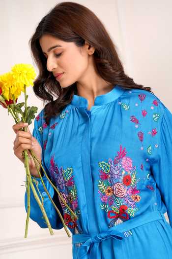 Buy_Sheeshakari_Blue Silk Mandarin Collar Embroidered Midi Dress 