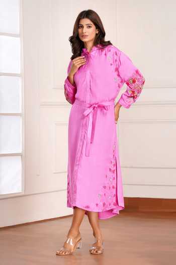 Sheeshakari_Pink Silk Mandarin Collar Embroidered Midi Dress _Online_at_Aza_Fashions