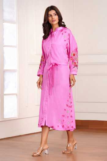 Buy_Sheeshakari_Pink Silk Mandarin Collar Embroidered Midi Dress _Online_at_Aza_Fashions