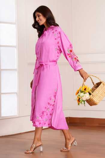 Shop_Sheeshakari_Pink Silk Mandarin Collar Embroidered Midi Dress _Online_at_Aza_Fashions