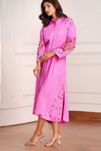 Sheeshakari_Pink Silk Mandarin Collar Embroidered Midi Dress _at_Aza_Fashions