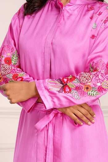 Buy_Sheeshakari_Pink Silk Mandarin Collar Embroidered Midi Dress 