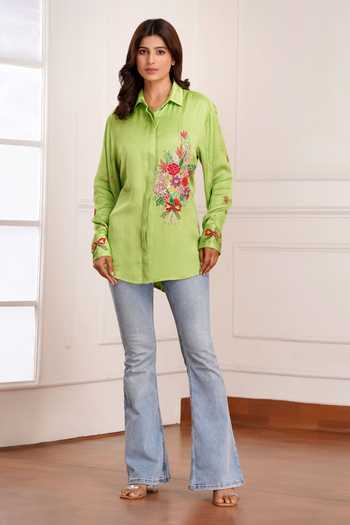 Sheeshakari_Green Silk Collared Neck Placement Embroidered Shirt _Online_at_Aza_Fashions