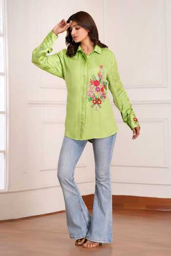 Buy_Sheeshakari_Green Silk Collared Neck Placement Embroidered Shirt _Online_at_Aza_Fashions