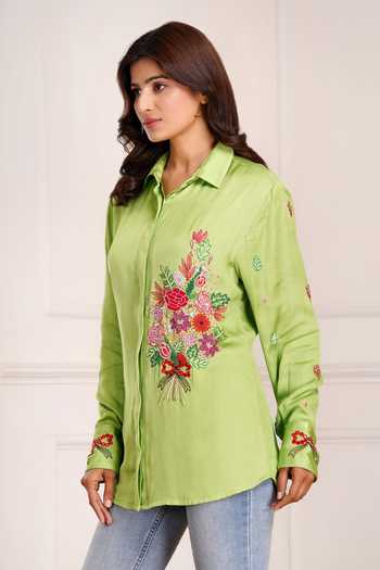 Shop_Sheeshakari_Green Silk Collared Neck Placement Embroidered Shirt _Online_at_Aza_Fashions