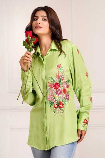 Sheeshakari_Green Silk Collared Neck Placement Embroidered Shirt _at_Aza_Fashions