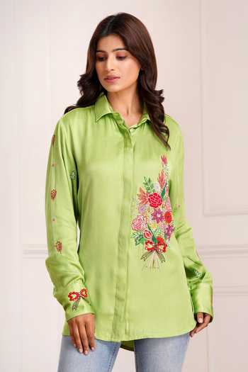 Buy_Sheeshakari_Green Silk Collared Neck Placement Embroidered Shirt 