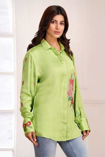 Shop_Sheeshakari_Green Silk Collared Neck Placement Embroidered Shirt 