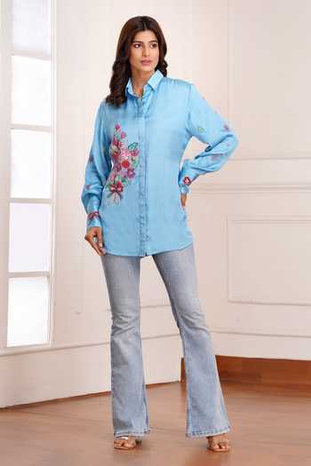 Sheeshakari_Blue Silk Collared Neck Placement Embroidered Shirt _Online_at_Aza_Fashions