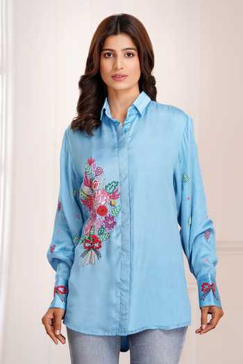 Buy_Sheeshakari_Blue Silk Collared Neck Placement Embroidered Shirt _Online_at_Aza_Fashions