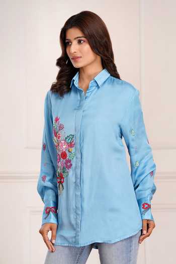 Shop_Sheeshakari_Blue Silk Collared Neck Placement Embroidered Shirt _Online_at_Aza_Fashions