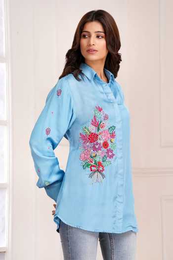 Sheeshakari_Blue Silk Collared Neck Placement Embroidered Shirt _at_Aza_Fashions