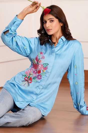 Buy_Sheeshakari_Blue Silk Collared Neck Placement Embroidered Shirt 
