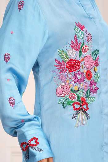 Shop_Sheeshakari_Blue Silk Collared Neck Placement Embroidered Shirt 