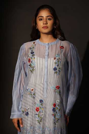 Buy_Prama By Pratima Pandey_Sky Blue Silk, Chanderi Round Neck Floral Embroidered Tunic _Online_at_Aza_Fashions