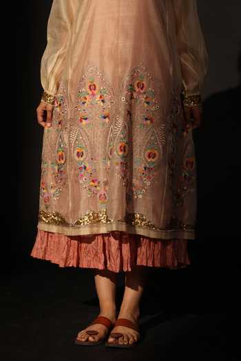 Prama By Pratima Pandey_Beige Silk, Chanderi High Neck Floral Scallop Embroidered Dress _Online_at_Aza_Fashions