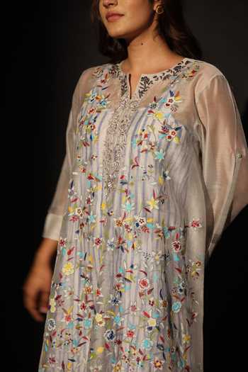 Buy_Prama By Pratima Pandey_Grey Silk, Chanderi Round Neck Floral Embroidered Tunic _Online_at_Aza_Fashions