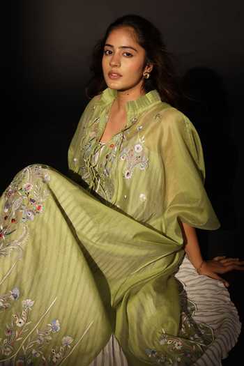 Prama By Pratima Pandey_Grey Silk, Chanderi Split V-neck Embroidered Scallop Tunic _Online_at_Aza_Fashions