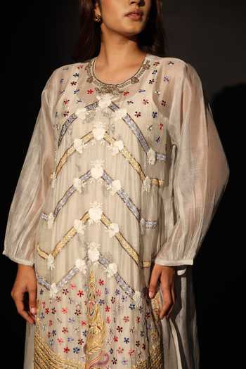 Buy_Prama By Pratima Pandey_Grey Silk, Chanderi Round Neck Embroidered Kurta _Online_at_Aza_Fashions