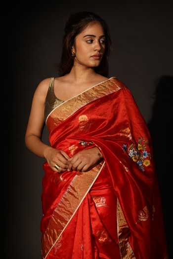 Prama By Pratima Pandey_Red Chanderi, Tissue Zari Saree With Unstitched Blouse Piece _Online_at_Aza_Fashions